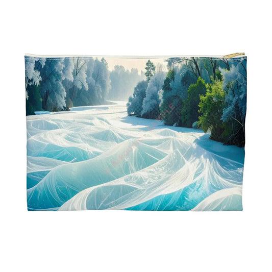 Crystalline Reverie: Frozen River Dreamscape Winter’s Ethereal Symphony Accessory Pouch Large / White zipper Bags