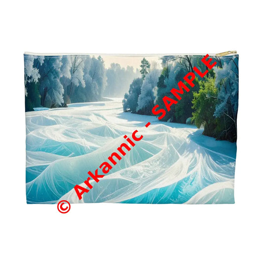 Crystalline Reverie: Frozen River Dreamscape Winter’s Ethereal Symphony Accessory Pouch Large / White zipper Bags
