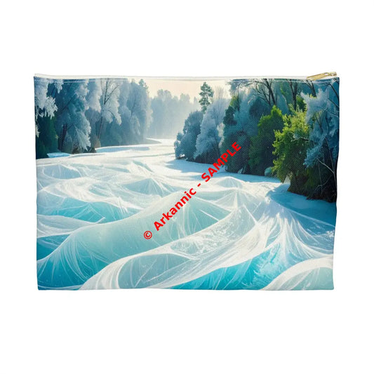 Crystalline Reverie: Frozen River Dreamscape Winter’s Ethereal Symphony Accessory Pouch Large / White zipper Bags
