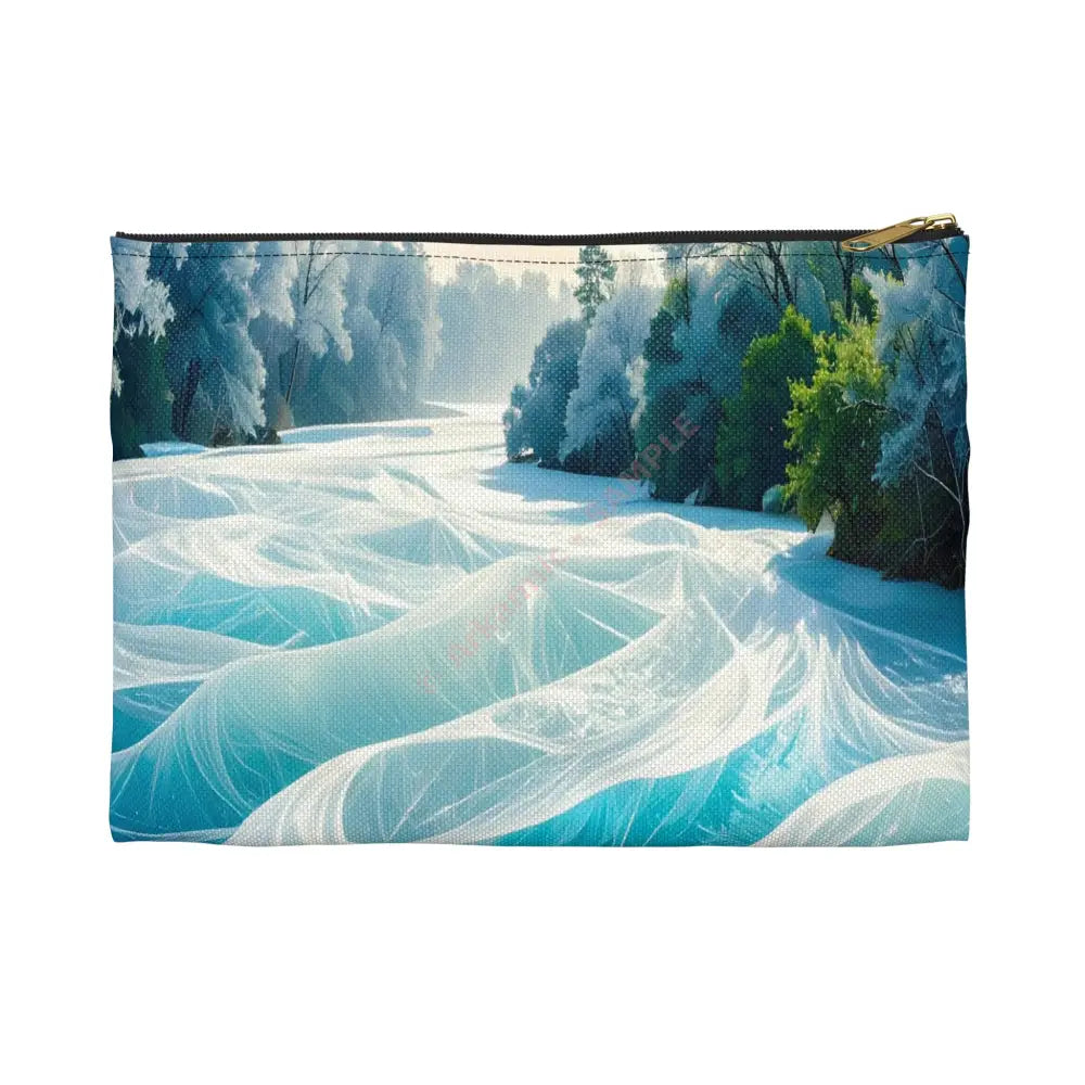 Crystalline Reverie: Frozen River Dreamscape Winter’s Ethereal Symphony Accessory Pouch Small / Black zipper Bags