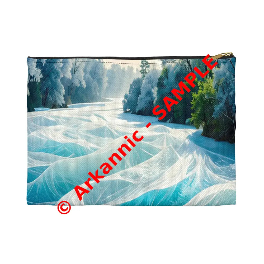 Crystalline Reverie: Frozen River Dreamscape Winter’s Ethereal Symphony Accessory Pouch Small / Black zipper Bags