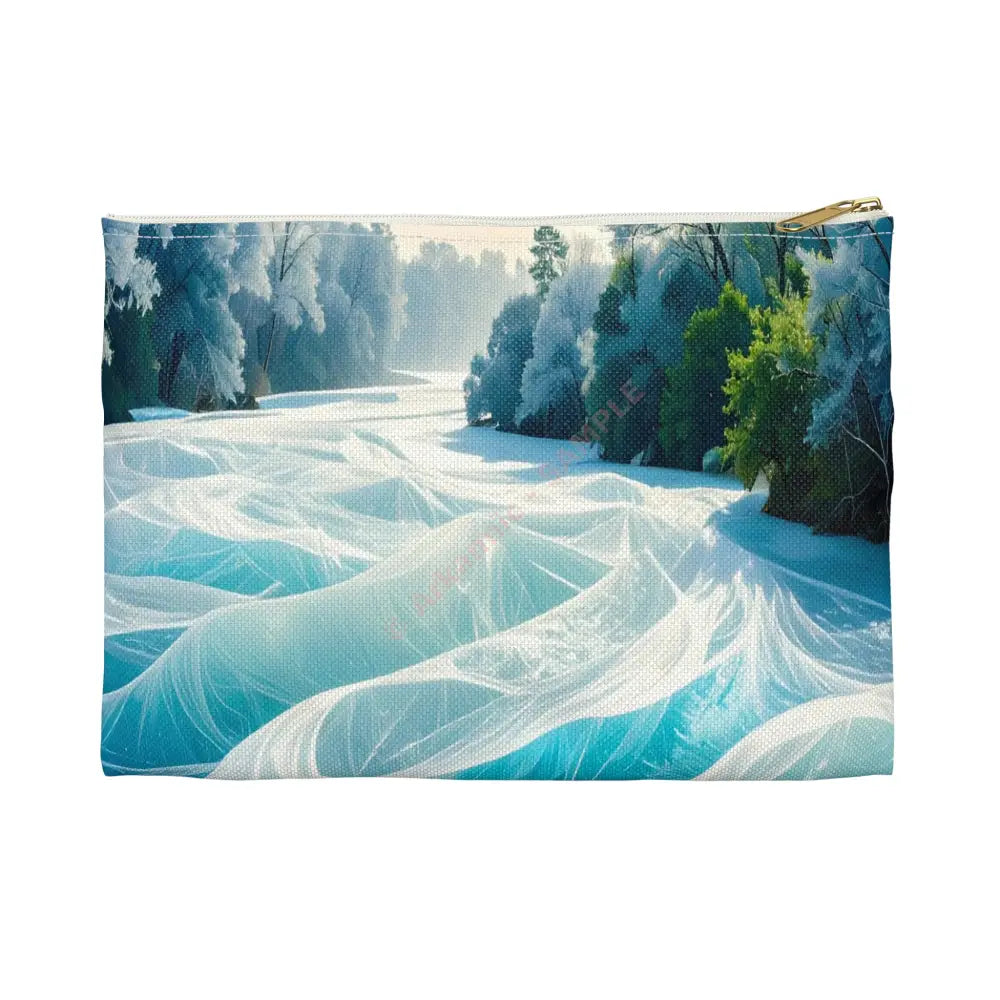 Crystalline Reverie: Frozen River Dreamscape Winter’s Ethereal Symphony Accessory Pouch Small / White zipper Bags