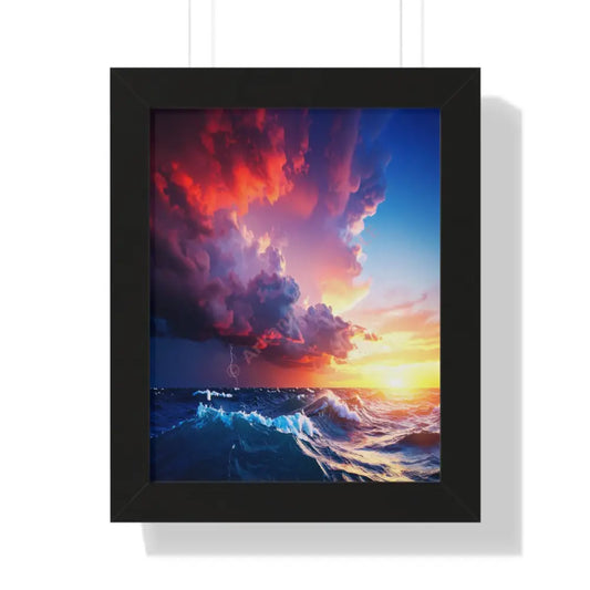 Elemental Fury: Maritime Thunderstorm Seascape Storm Cloud PanoramaFramed Verticle Poster Black / 11’’ x 14’’ Poster
