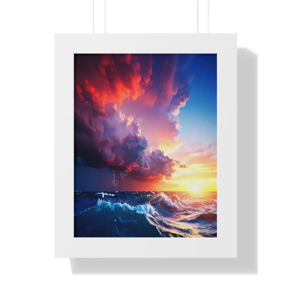 Elemental Fury: Maritime Thunderstorm Seascape Storm Cloud PanoramaFramed Verticle Poster White / 11’’ x 14’’ Poster