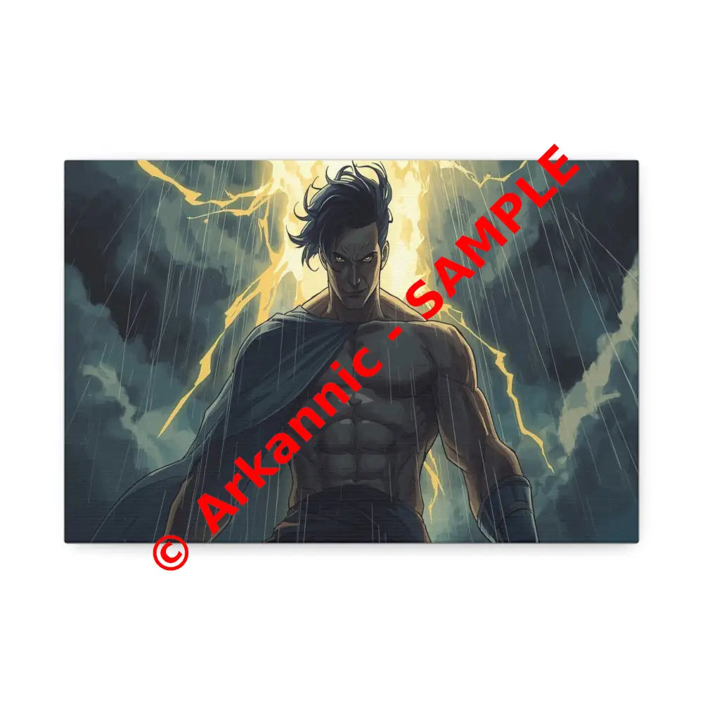 Elemental Fury: Muscular Hero in Lightning Storm Digital Graphic Novel Illustration Canvas Print 12’’ x 8’’