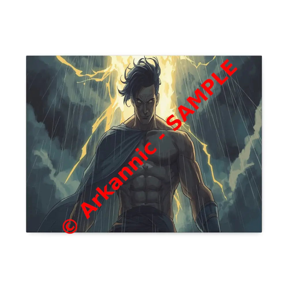 Elemental Fury: Muscular Hero in Lightning Storm Digital Graphic Novel Illustration Canvas Print 16″ x 12″ (Horizontal)