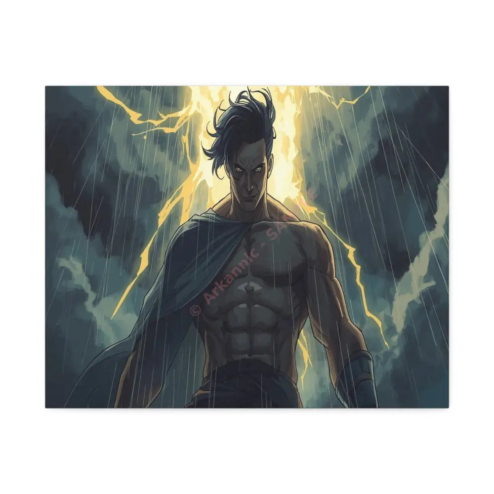Elemental Fury: Muscular Hero in Lightning Storm Digital Graphic Novel Illustration Canvas Print 20″ x 16″ (Horizontal)