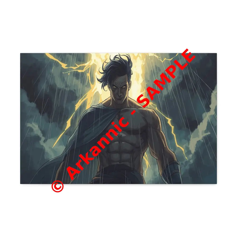 Elemental Fury: Muscular Hero in Lightning Storm Digital Graphic Novel Illustration Canvas Print 24″ x 16″ (Horizontal)
