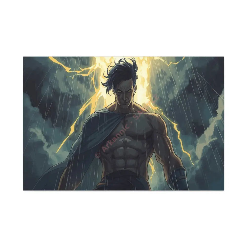 Elemental Fury: Muscular Hero in Lightning Storm Digital Graphic Novel Illustration Canvas Print 36″ x 24″ (Horizontal)