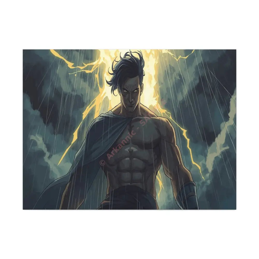 Elemental Fury: Muscular Hero in Lightning Storm Digital Graphic Novel Illustration Canvas Print 40’’ x 30’’