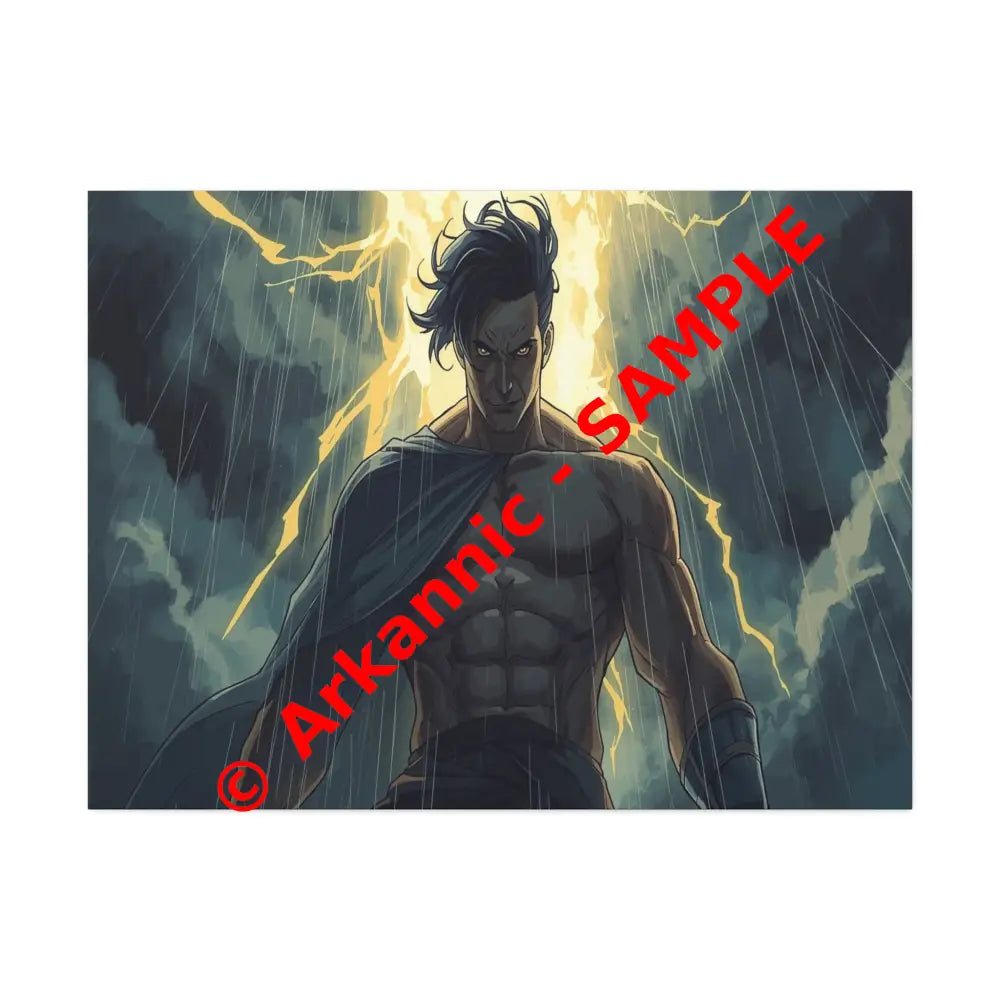 Elemental Fury: Muscular Hero in Lightning Storm Digital Graphic Novel Illustration Canvas Print 40’’ x 30’’