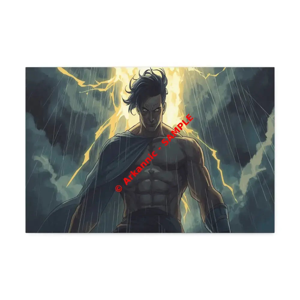 Elemental Fury: Muscular Hero in Lightning Storm Digital Graphic Novel Illustration Canvas Print 24″ x 16″ (Horizontal)