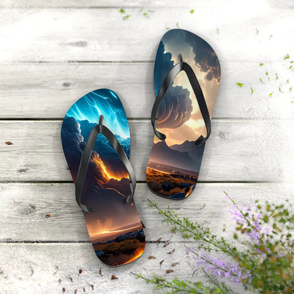 Elemental Tempest: Stormy Digital Landscape Supernatural Lightning Composition Flip Flop Shoes Shoes