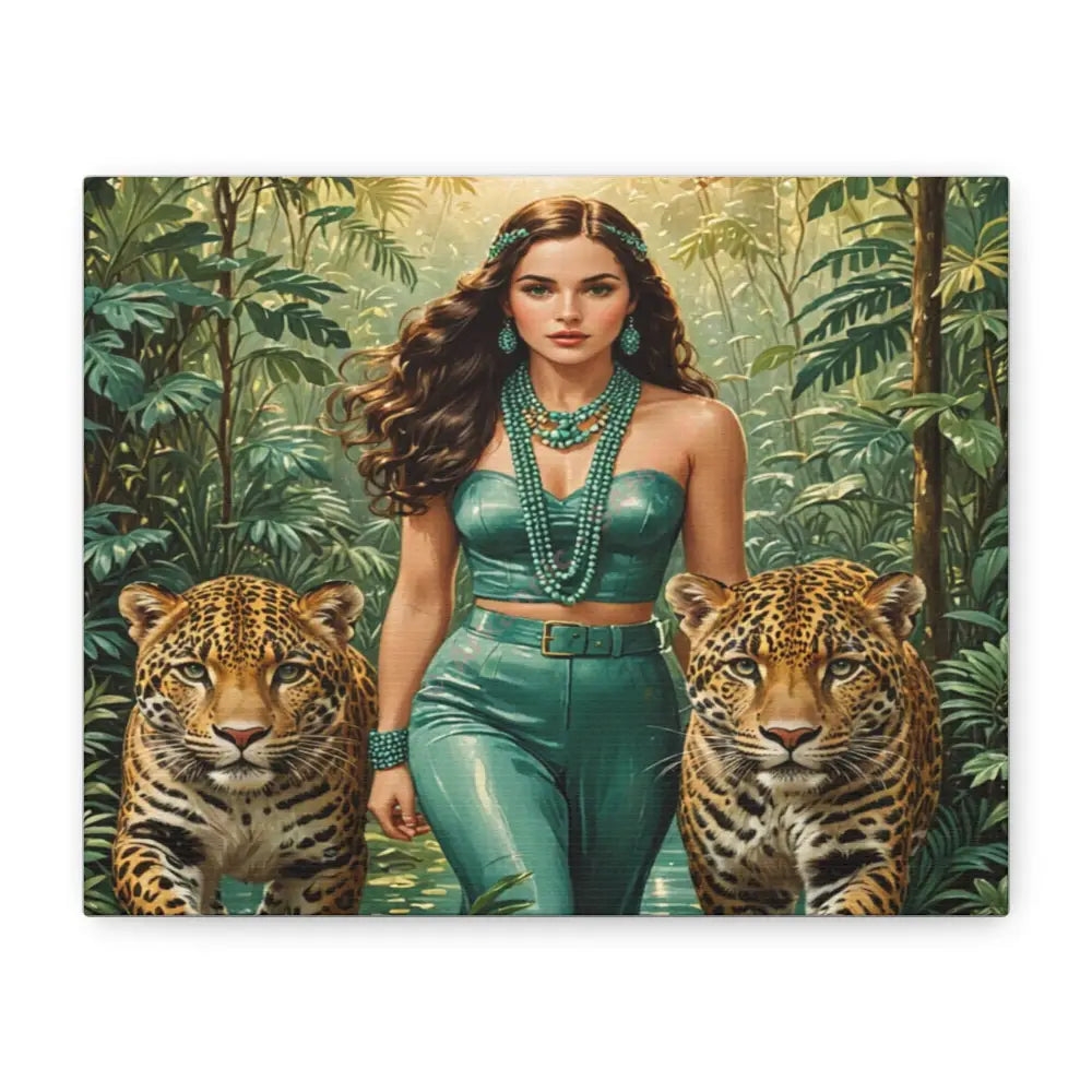 Emerald Sovereign: Woman in Jungle with Leopards High Fashion Wildlife PortraitCanvas 10’’ x 8’’ (Horizontal) / 1.25’’