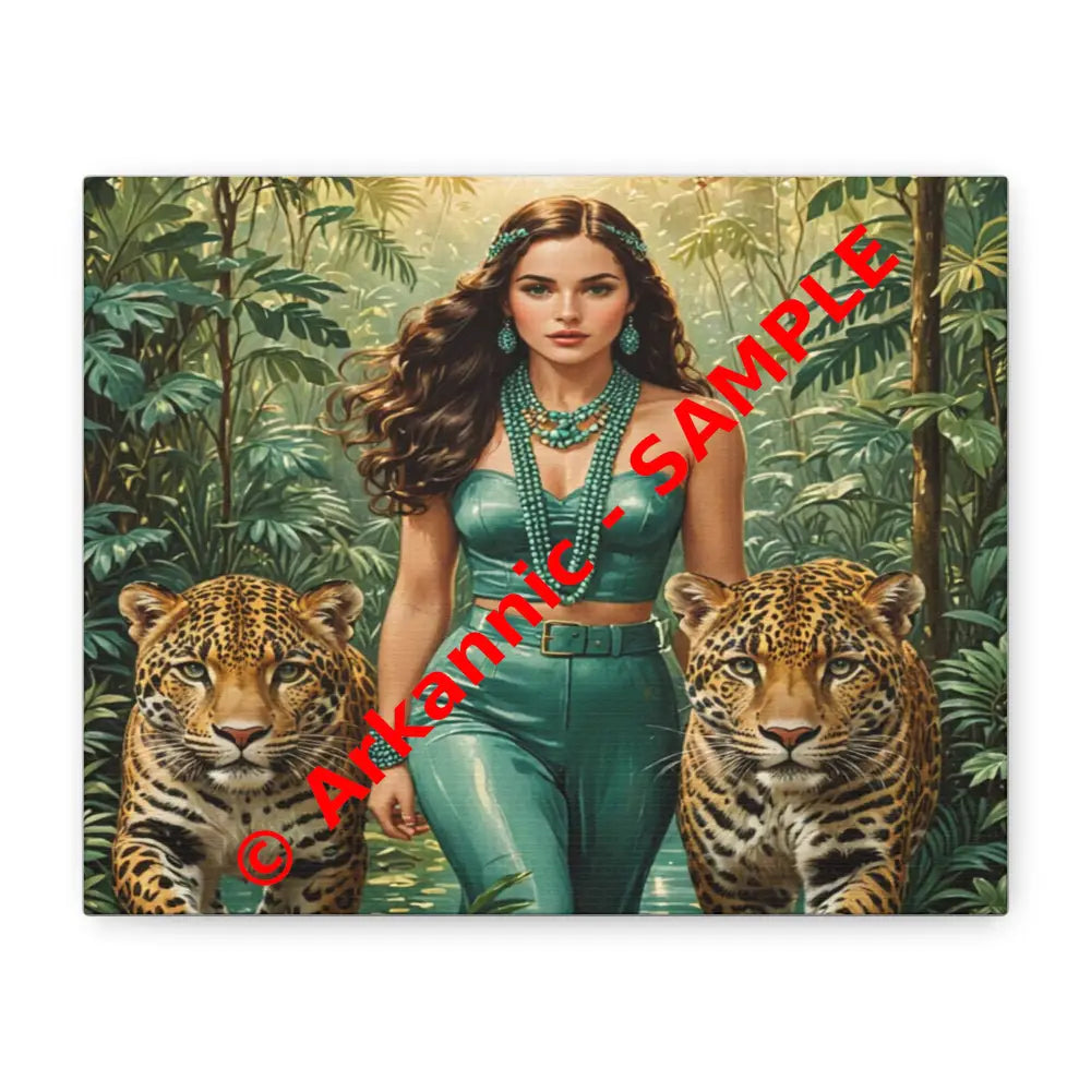 Emerald Sovereign: Woman in Jungle with Leopards High Fashion Wildlife PortraitCanvas 10’’ x 8’’ (Horizontal) / 1.25’’