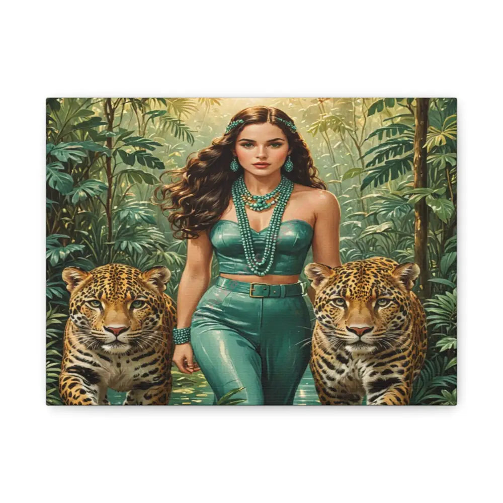 Emerald Sovereign: Woman in Jungle with Leopards High Fashion Wildlife PortraitCanvas 12’’ x 9’’ (Horizontal) / 1.25’’