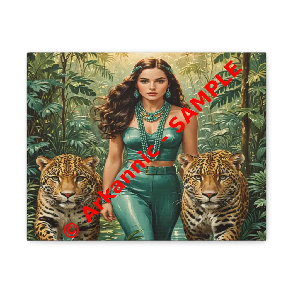Emerald Sovereign: Woman in Jungle with Leopards High Fashion Wildlife PortraitCanvas 14″ x 11″ (Horizontal) / 1.25’’