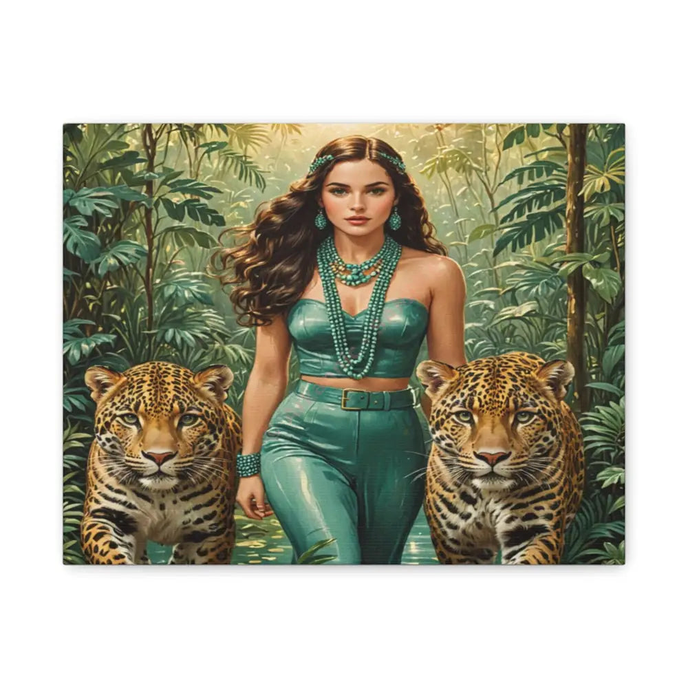 Emerald Sovereign: Woman in Jungle with Leopards High Fashion Wildlife PortraitCanvas 14″ x 11″ (Horizontal) / 1.25’’
