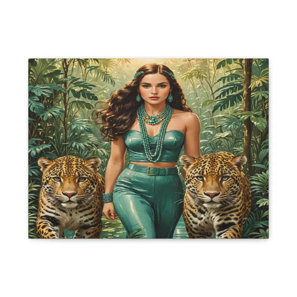 Emerald Sovereign: Woman in Jungle with Leopards High Fashion Wildlife PortraitCanvas 16″ x 12″ (Horizontal) / 1.25’’