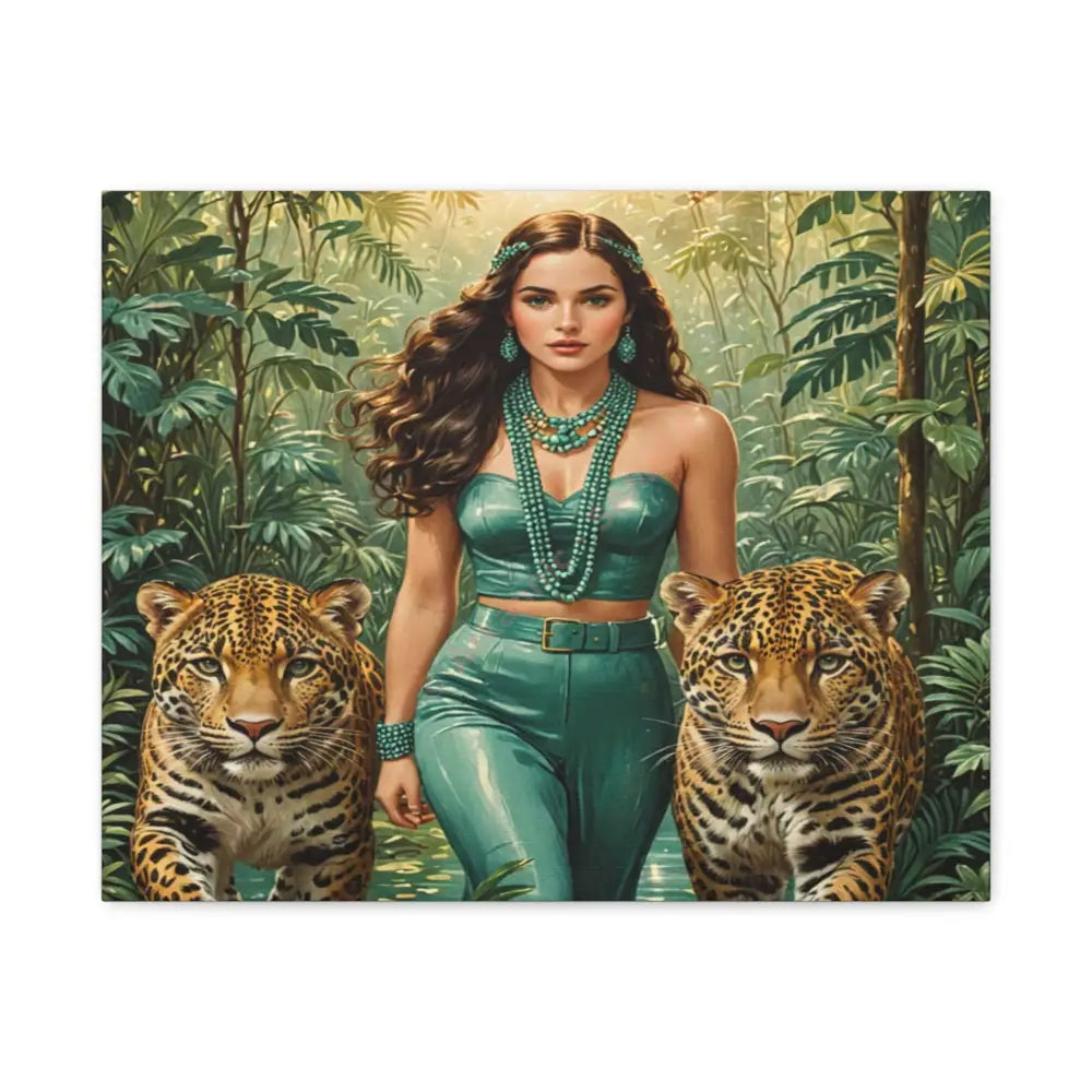 Emerald Sovereign: Woman in Jungle with Leopards High Fashion Wildlife PortraitCanvas 20″ x 16″ (Horizontal) / 1.25’’