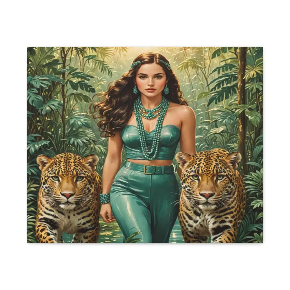 Emerald Sovereign: Woman in Jungle with Leopards High Fashion Wildlife PortraitCanvas 24’’ x 20’’ (Horizontal) / 1.25’’