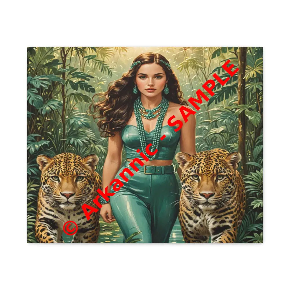 Emerald Sovereign: Woman in Jungle with Leopards High Fashion Wildlife PortraitCanvas 24’’ x 20’’ (Horizontal) / 1.25’’