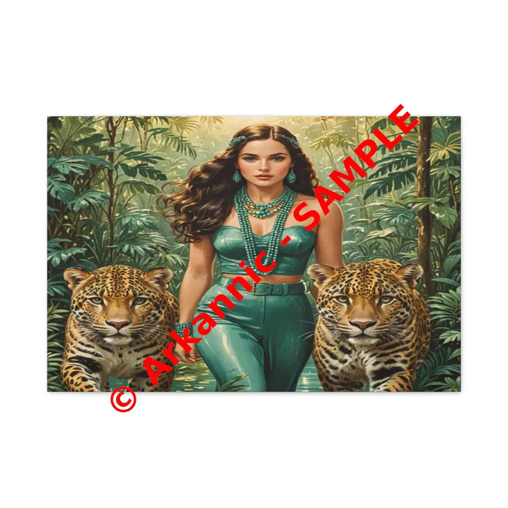 Emerald Sovereign: Woman in Jungle with Leopards High Fashion Wildlife PortraitCanvas 30″ x 20″ (Horizontal) / 1.25’’