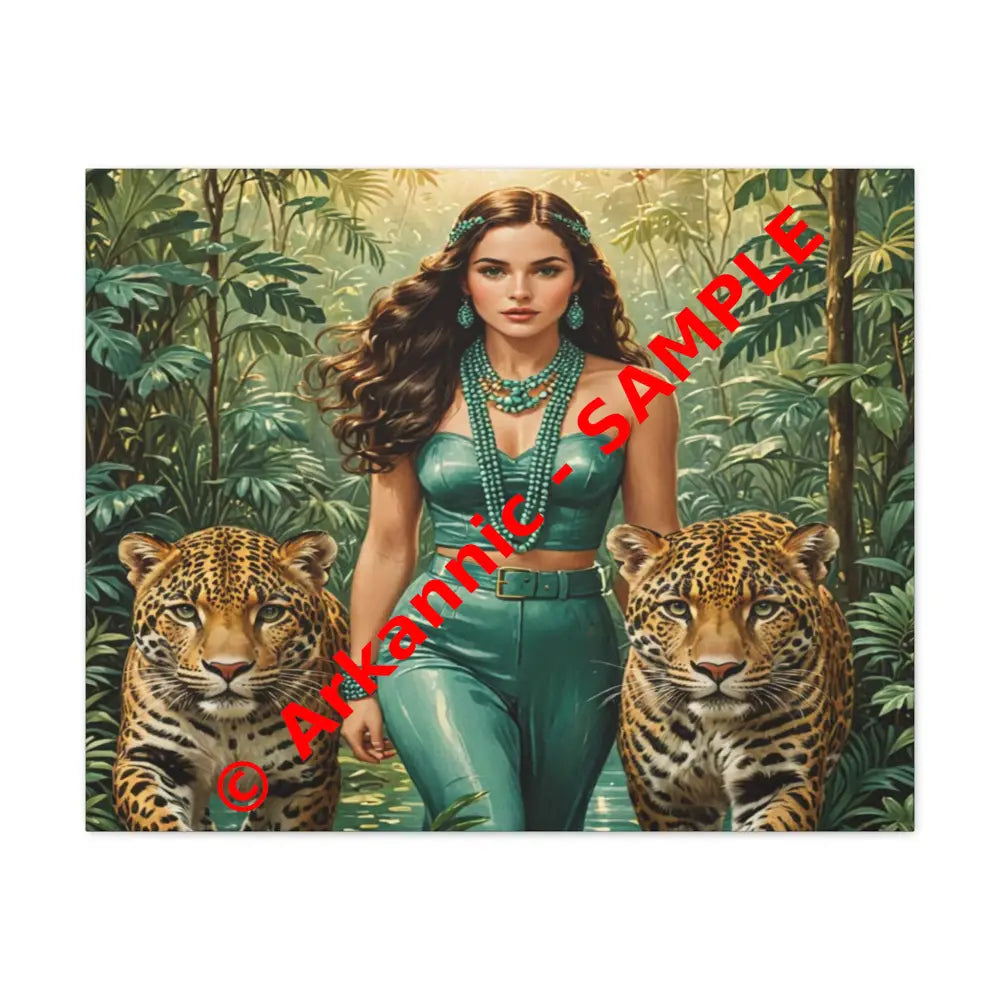 Emerald Sovereign: Woman in Jungle with Leopards High Fashion Wildlife PortraitCanvas 30’’ x 24’’ (Horizontal) / 1.25’’