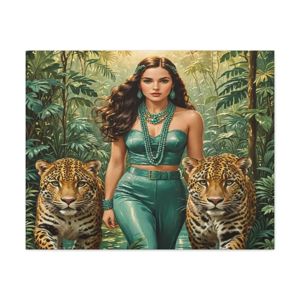 Emerald Sovereign: Woman in Jungle with Leopards High Fashion Wildlife PortraitCanvas 30’’ x 24’’ (Horizontal) / 1.25’’
