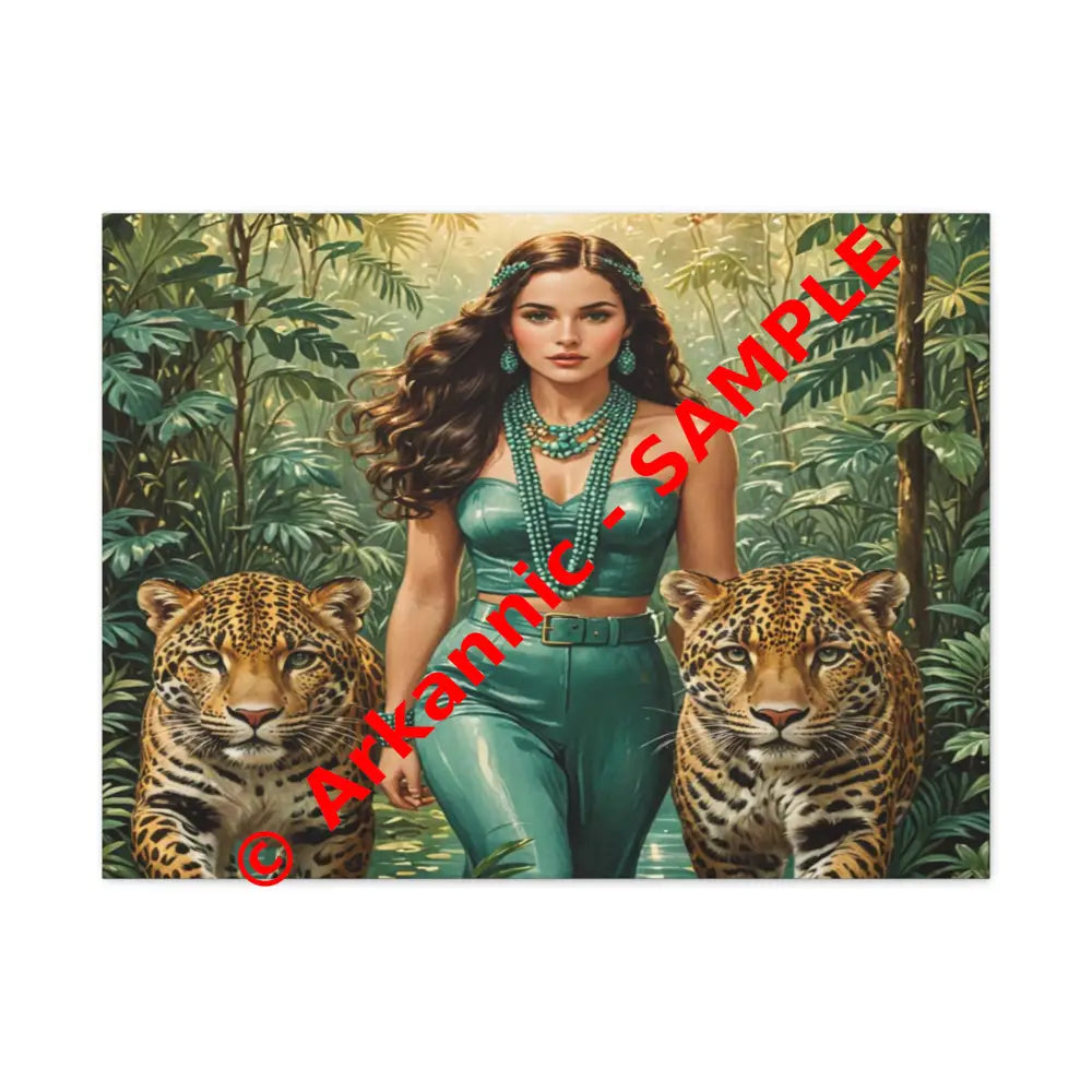 Emerald Sovereign: Woman in Jungle with Leopards High Fashion Wildlife PortraitCanvas 32’’ x 24’’ (Horizontal) / 1.25’’