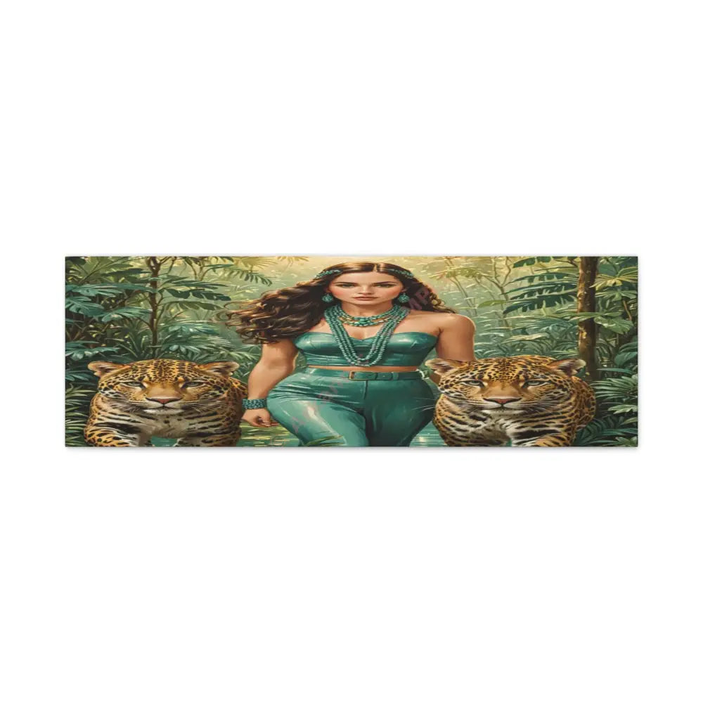 Emerald Sovereign: Woman in Jungle with Leopards High Fashion Wildlife PortraitCanvas 36’’ x 12’’ (Horizontal) / 1.25’’