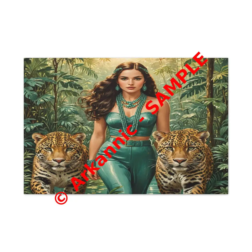 Emerald Sovereign: Woman in Jungle with Leopards High Fashion Wildlife PortraitCanvas 36″ x 24″ (Horizontal) / 1.25’’