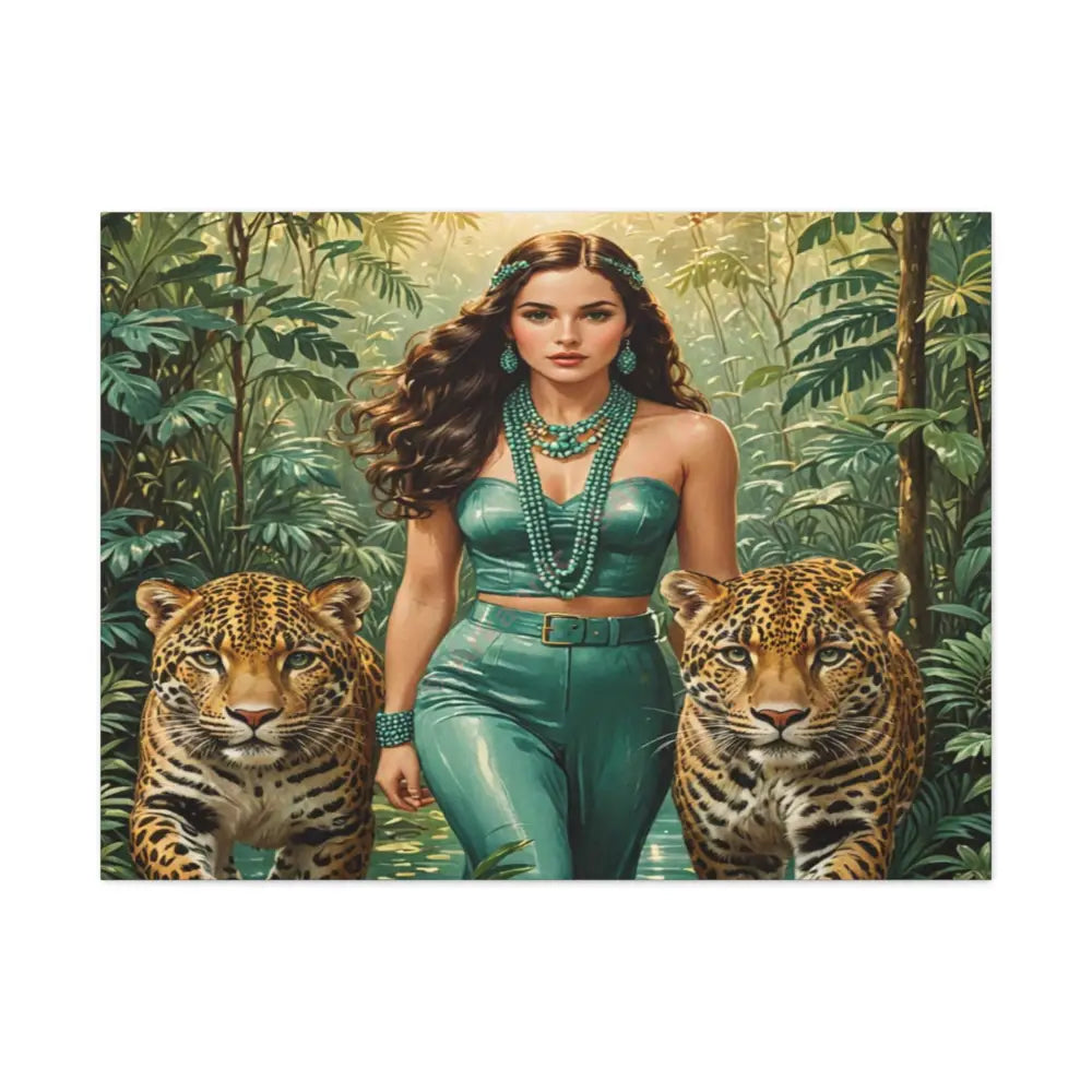 Emerald Sovereign: Woman in Jungle with Leopards High Fashion Wildlife PortraitCanvas 40’’ x 30’’ (Horizontal) / 1.25’’