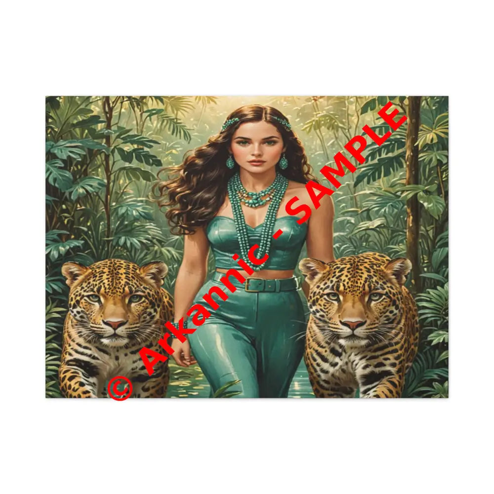 Emerald Sovereign: Woman in Jungle with Leopards High Fashion Wildlife PortraitCanvas 40’’ x 30’’ (Horizontal) / 1.25’’
