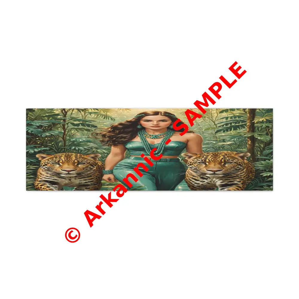 Emerald Sovereign: Woman in Jungle with Leopards High Fashion Wildlife PortraitCanvas 48’’ x 16’’ (Horizontal) / 1.25’’