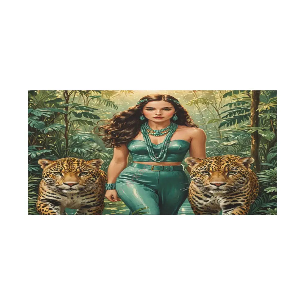 Emerald Sovereign: Woman in Jungle with Leopards High Fashion Wildlife PortraitCanvas 48″ x 24″ (Horizontal) / 1.25’’