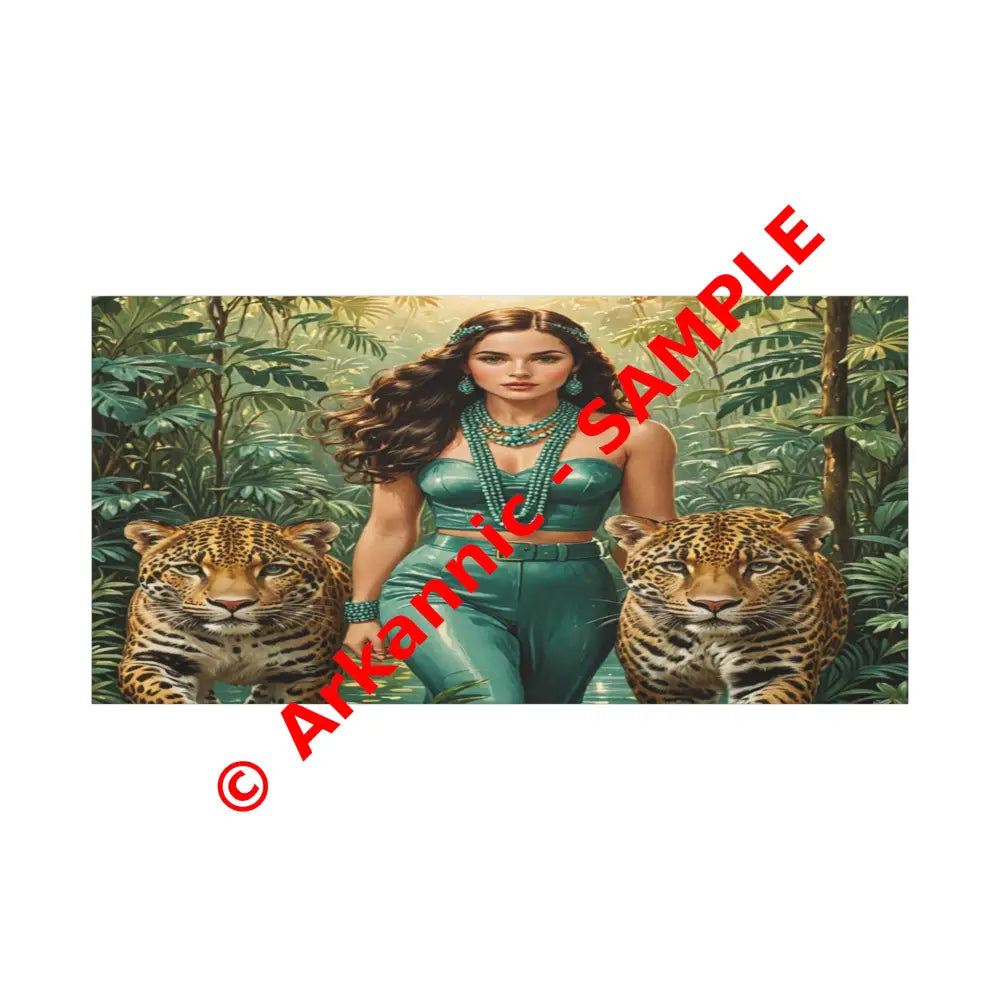 Emerald Sovereign: Woman in Jungle with Leopards High Fashion Wildlife PortraitCanvas 48″ x 24″ (Horizontal) / 1.25’’
