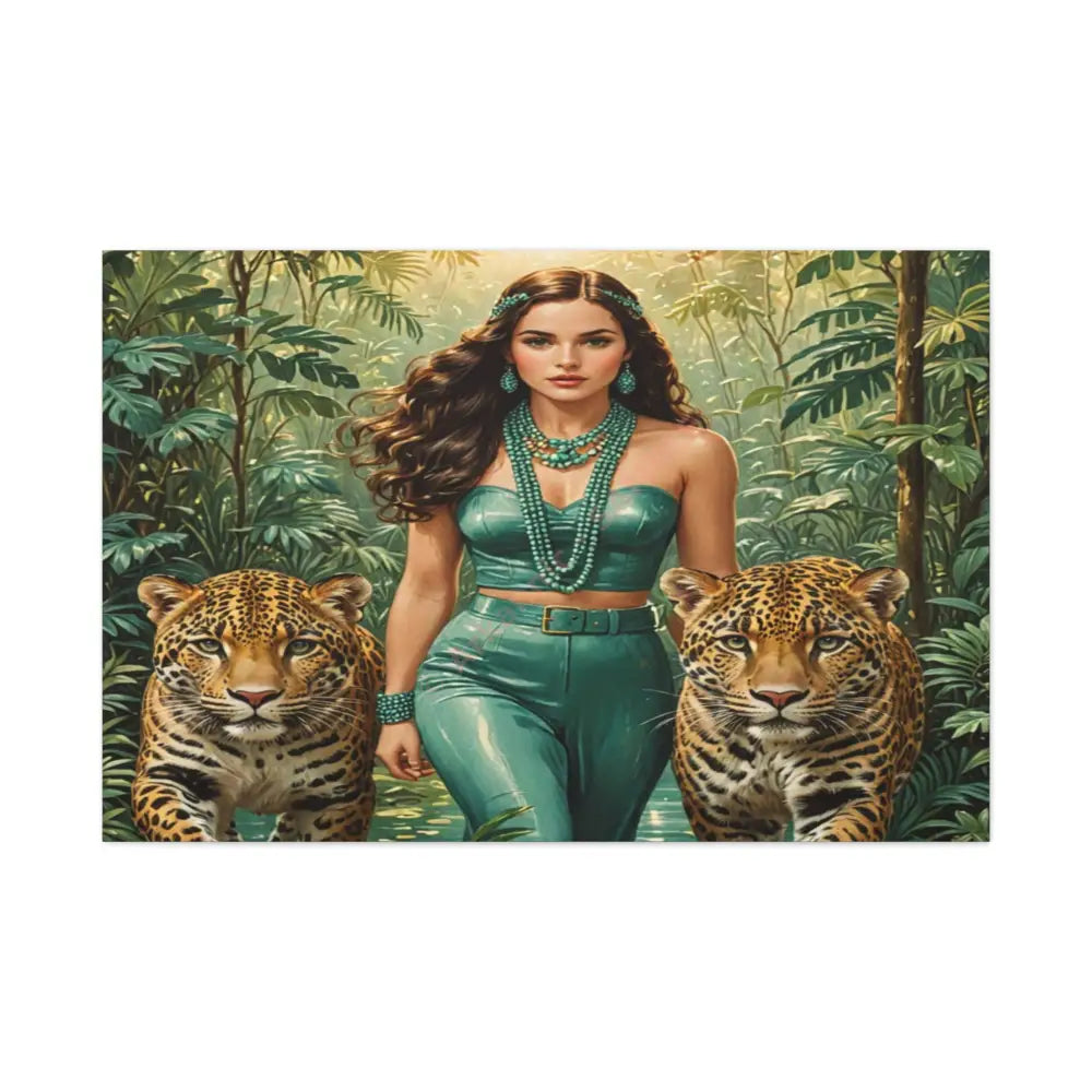 Emerald Sovereign: Woman in Jungle with Leopards High Fashion Wildlife PortraitCanvas 48″ x 32″ (Horizontal) / 1.25’’