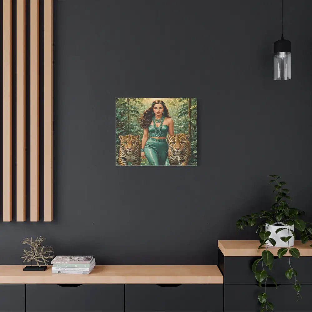 Emerald Sovereign: Woman in Jungle with Leopards High Fashion Wildlife PortraitCanvas Canvas