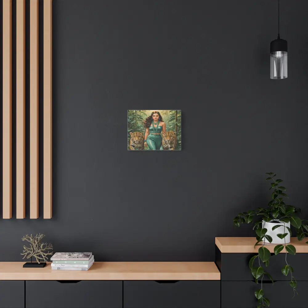 Emerald Sovereign: Woman in Jungle with Leopards High Fashion Wildlife PortraitCanvas Canvas