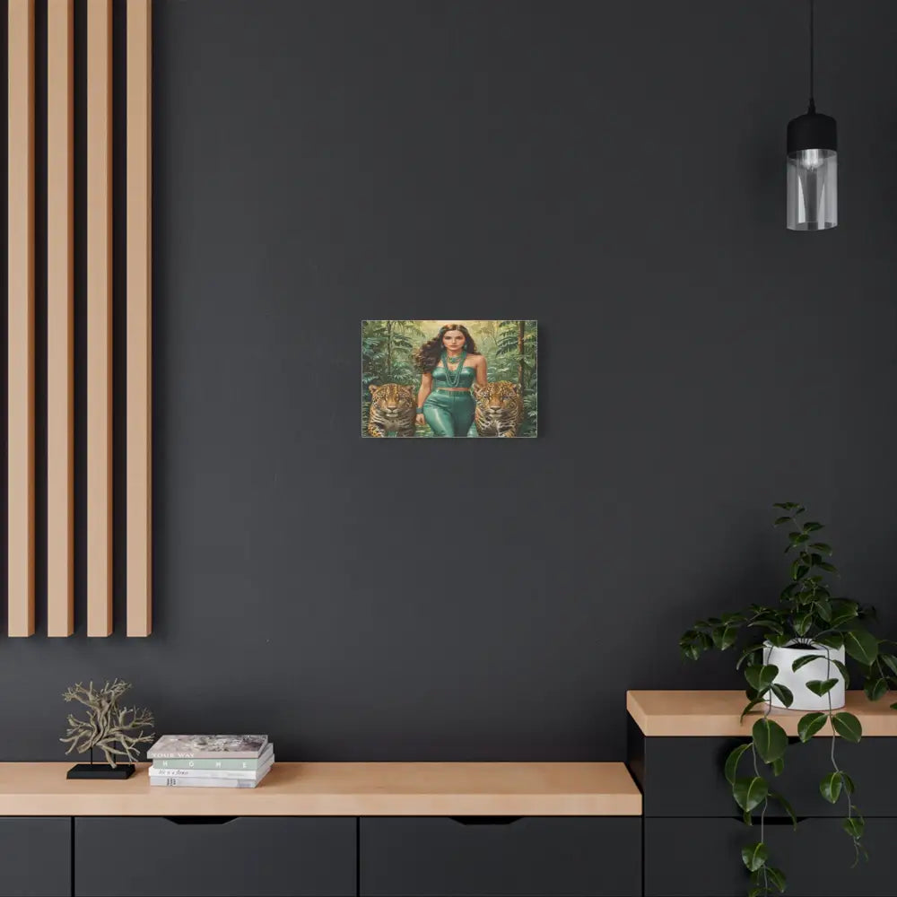 Emerald Sovereign: Woman in Jungle with Leopards High Fashion Wildlife PortraitCanvas Canvas