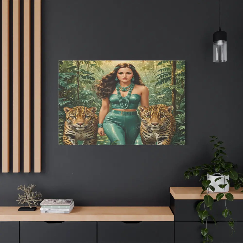 Emerald Sovereign: Woman in Jungle with Leopards High Fashion Wildlife PortraitCanvas Canvas