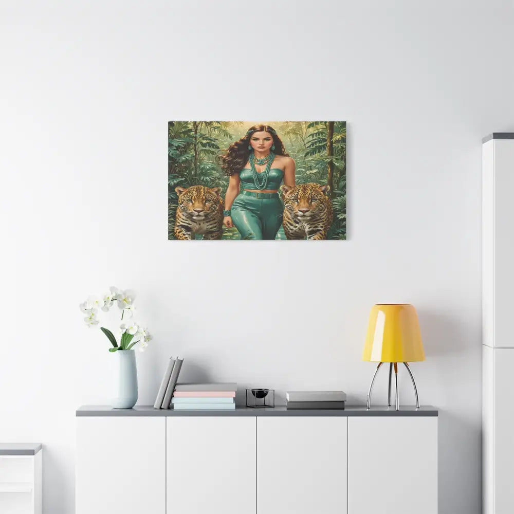 Emerald Sovereign: Woman in Jungle with Leopards High Fashion Wildlife PortraitCanvas Canvas