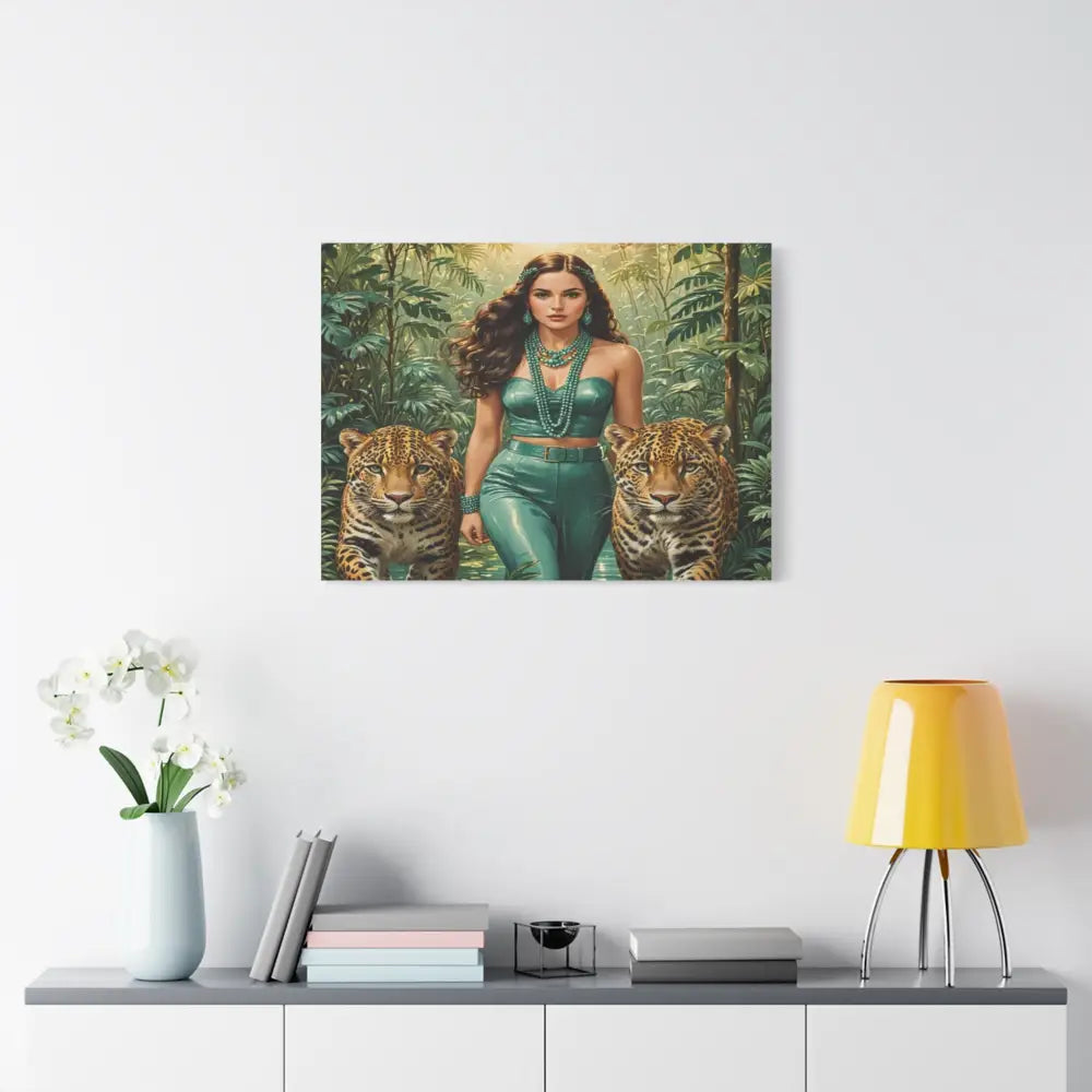 Emerald Sovereign: Woman in Jungle with Leopards High Fashion Wildlife PortraitCanvas Canvas
