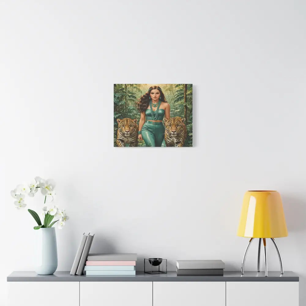 Emerald Sovereign: Woman in Jungle with Leopards High Fashion Wildlife PortraitCanvas Canvas