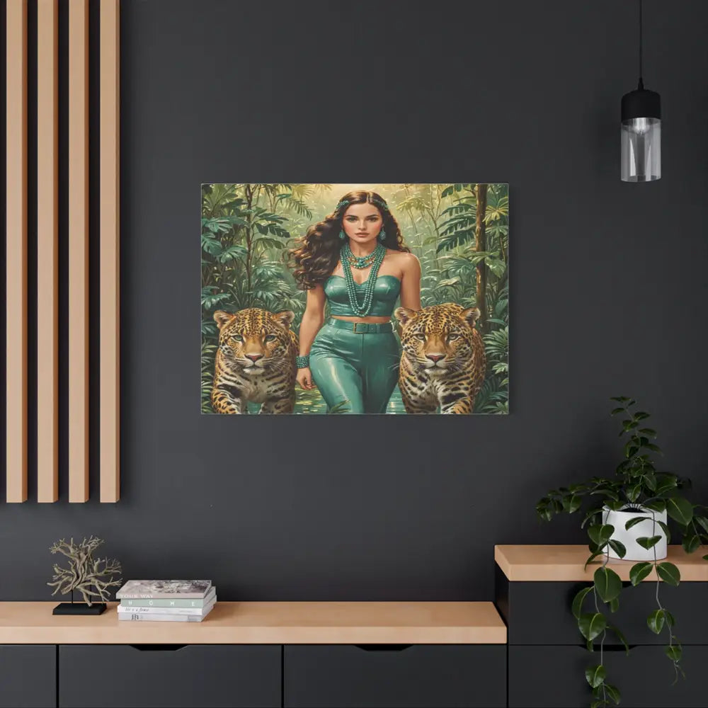 Emerald Sovereign: Woman in Jungle with Leopards High Fashion Wildlife PortraitCanvas Canvas