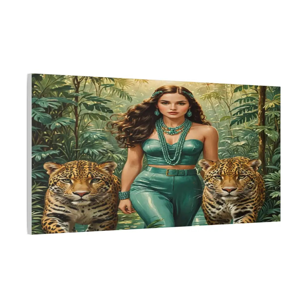 Emerald Sovereign: Woman in Jungle with Leopards High Fashion Wildlife PortraitCanvas Canvas