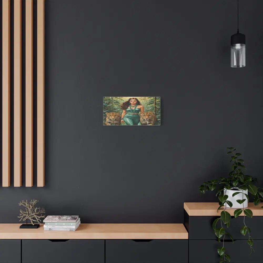 Emerald Sovereign: Woman in Jungle with Leopards High Fashion Wildlife PortraitCanvas Canvas