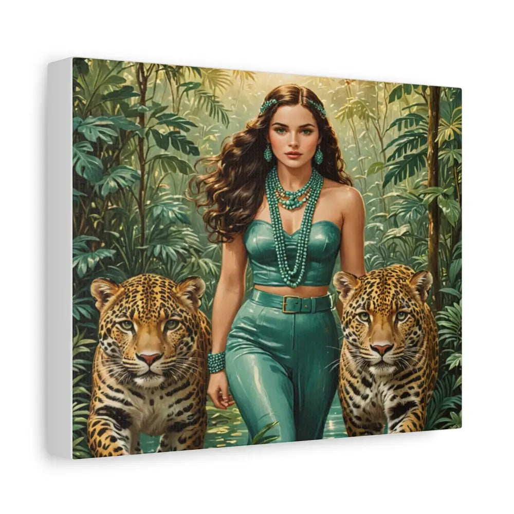Emerald Sovereign: Woman in Jungle with Leopards High Fashion Wildlife PortraitCanvas Canvas