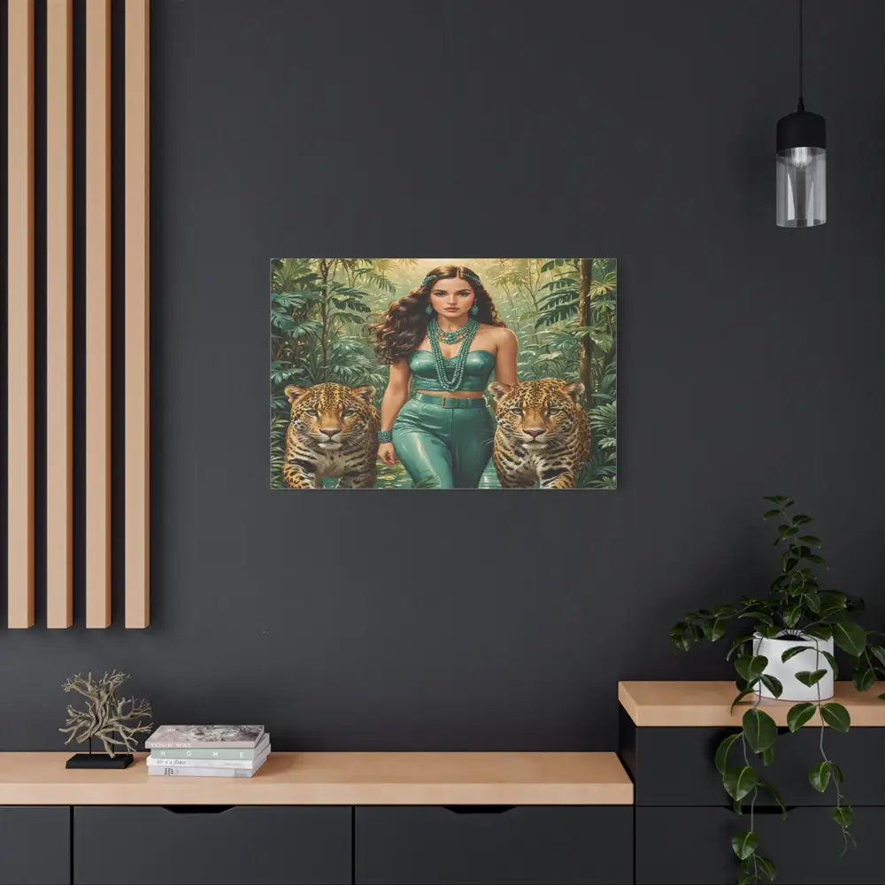 Emerald Sovereign: Woman in Jungle with Leopards High Fashion Wildlife PortraitCanvas Canvas